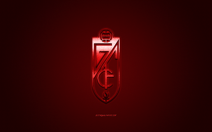 El Granada CF, club de f&#250;tbol espa&#241;ol, La Liga, logotipo rojo, rojo de fibra de carbono de fondo, f&#250;tbol, Granada, Espa&#241;a, Granada CF logotipo