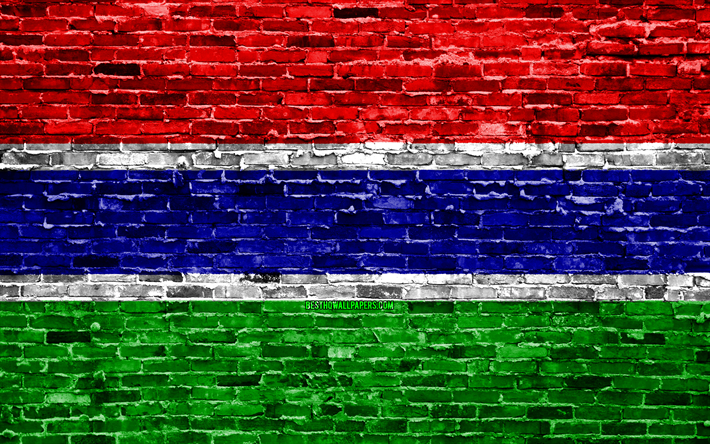 4k, Gambian lippu, tiilet rakenne, Afrikka, kansalliset symbolit, Lipun Gambia, brickwall, Africa 3D flag, Afrikan maissa, Gambia