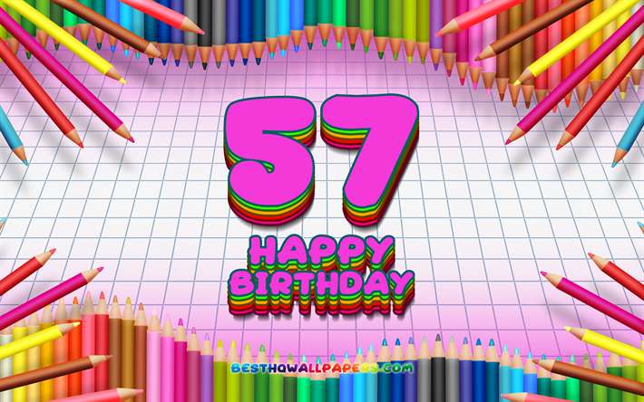 4k, 嬉しい第57回誕生日, 色鉛筆をフレーム, 誕生パーティー, 紫色の市松模様の背景, Happy57年に誕生日, 創造, 57歳の誕生日, 誕生日プ, 第57回の誕生日パーティー
