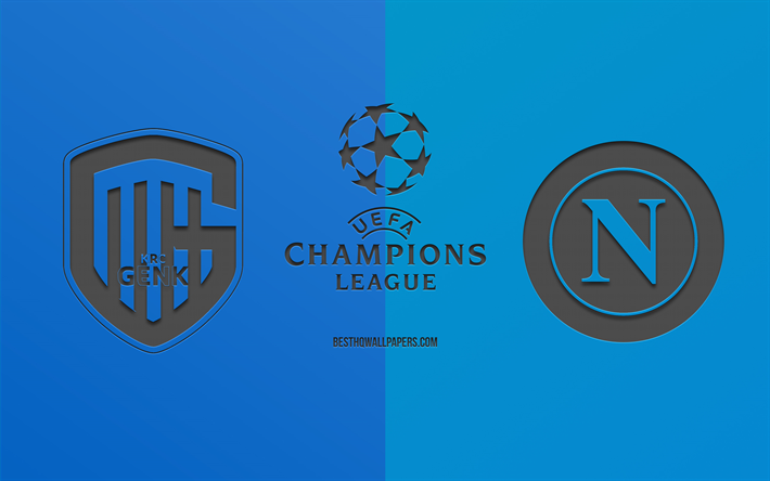 Genk vs Napoli, partido de f&#250;tbol, 2019 de la Liga de Campeones, promo, fondo azul, arte creativo, de la UEFA Champions League, el f&#250;tbol, el KRC Genk