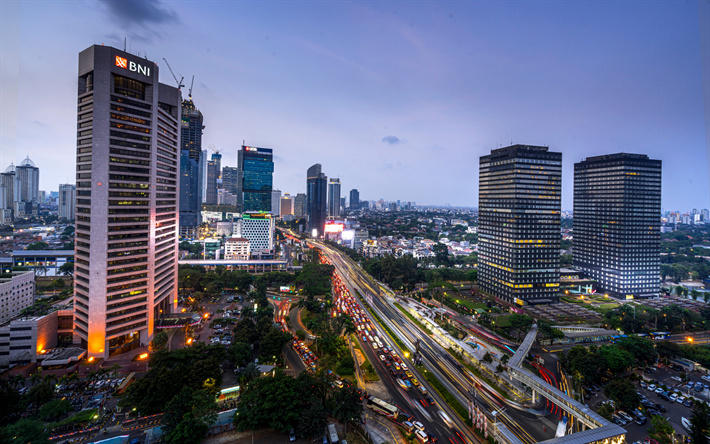 Jakarta, Capitale dell&#39;Indonesia, la citt&#224;, i grattacieli, la sera, la metropoli, Jakarta skyline, Indonesia