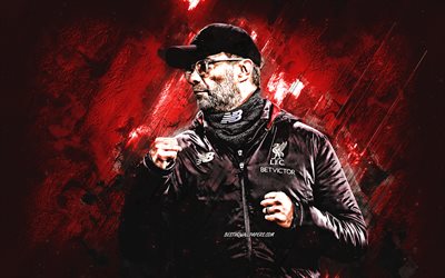 Jurgen Klopp, German coach, Liverpool FC, portrait, red stone background, football, Premier League, England
