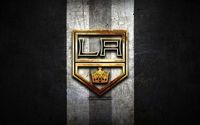 Los Angeles Kings, golden logo, NHL, black metal background, american hockey team, National Hockey League, Los Angeles Kings logo, hockey, USA, LA Kings