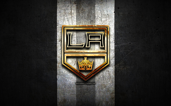 Los Angeles Kings, kultainen logo, NHL, musta metalli tausta, american hockey team, National Hockey League, Los Angeles Kings logo, j&#228;&#228;kiekko, USA, LA Kings