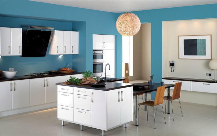 elegante interior de la cocina, ronda l&#225;mpara de ara&#241;a, proyecto de la cocina, interior de la cocina en colores azul, estilo moderno