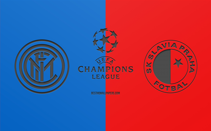 Inter Milan vs Slavia Prague, football match, 2019 Champions League, promo, blue red background, creative art, UEFA Champions League, football, Internazionale vs Slavia Prague