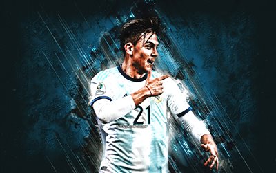 Paulo Dybala, retrato, Argentina equipa nacional de futebol, a pedra azul de fundo, Jogador de futebol argentino, Argentina, futebol
