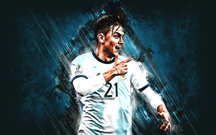 Paulo Dybala, portr&#228;tt, Argentina i fotboll, bl&#229; sten bakgrund, Argentinsk fotbollsspelare, Argentina, fotboll