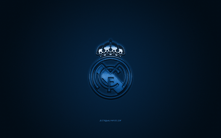 O Real Madrid, Clube de futebol espanhol, A Liga, azul do logotipo, azul de fibra de carbono de fundo, futebol, Madrid, Espanha, O Real Madrid logo