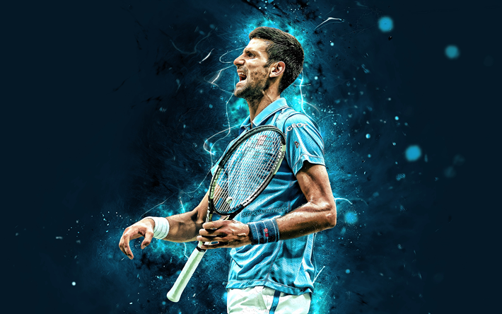 El serbio Novak Djokovic, 4k, el serbio jugadores de tenis, ATP, luces de ne&#243;n, pista de tenis, Djokovic, fan art, Novak Djokovic 4K