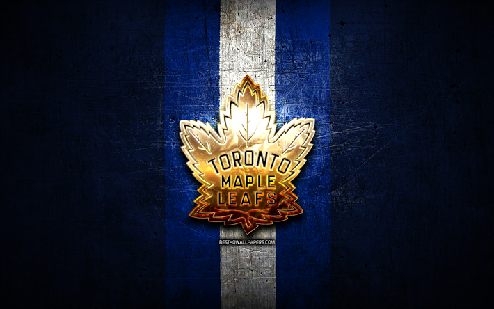 Toronto Maple Leafs, golden logo, NHL, blue metal background, canadian hockey team, National Hockey League, Toronto Maple Leafs logo, hockey, USA