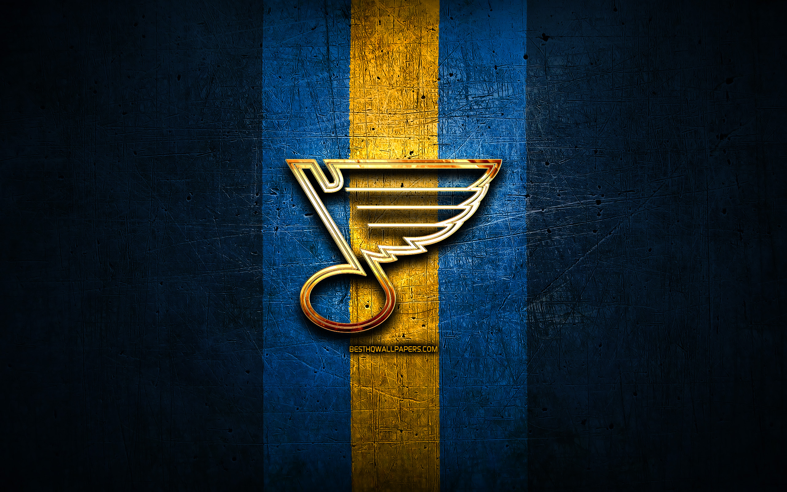 St Louis Blues, altın logosu, NHL, mavi metal arka plan, Amerikan hokey tak...