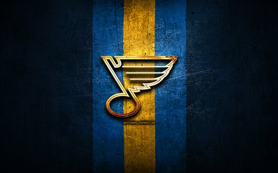 St Louis Blues, golden logo, NHL, blue metal background, american hockey team, National Hockey League, St Louis Blues logo, hockey, USA