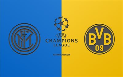 Inter Milan vs Borussia Dortmund, football match, 2019 Champions League, promo, blue-yellow background, creative art, UEFA Champions League, football, Internazionale vs Borussia Dortmund