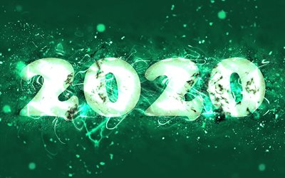Happy New Year 2020, 4k, turquoise neon lights, abstract art, 2020 concepts, 2020 turquoise neon digits, 2020 on turquoise background, 2020 neon art, creative, 2020 year digits