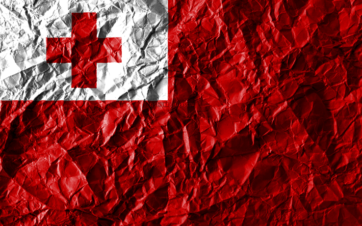 Tongan lippu, 4k, rypistynyt paperi, Oseanian maat, luova, Lippu Tonga, kansalliset symbolit, Oseania, Tonga 3D flag, Tule