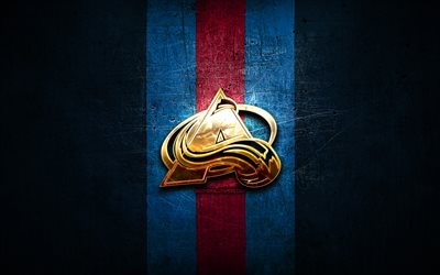 Colorado Avalanche, golden logo, NHL, blue metal background, american hockey team, National Hockey League, Colorado Avalanche logo, hockey, USA