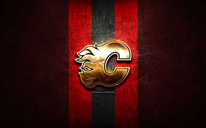 Calgary Flames, golden logo, NHL, red metal background, american hockey team, National Hockey League, Calgary Flames logo, hockey, USA