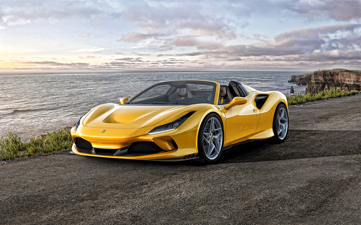 2020, Ferrari F8 Ara&#241;a, 4K, exterior, vista de frente, roadster, nueva amarillo F8 Ara&#241;a, supercars, italiano de coches deportivos, Ferrari