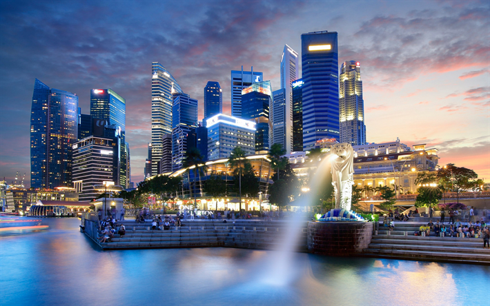 Singapore, kv&#228;ll, skyskrapor, font&#228;ner, moderna byggnader, Singapore stadsbilden, Asien