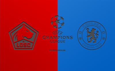 LOSC Lille vs Chelsea FC, football match, 2019 Champions League, promo, red blue background, creative art, UEFA Champions League, football, Lille vs Chelsea