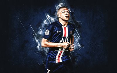 Kylian Mbappe, portrait, PSG, french soccer player, blue creative background, Paris Saint-Germain, football, Ligue 1, France