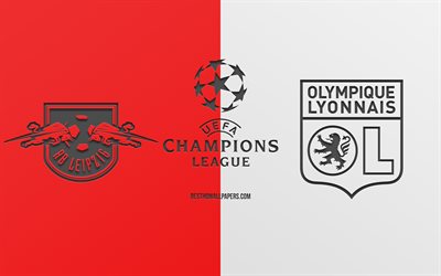 RB Leipzig vs Olympique Lyonnais, football match, 2019 Champions League, promo, red white background, creative art, UEFA Champions League, football