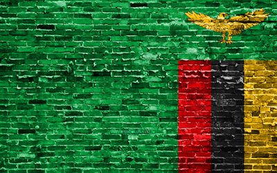 4k, Zambian flag, bricks texture, Africa, national symbols, Flag of Zambia, brickwall, Zambia 3D flag, African countries, Zambia