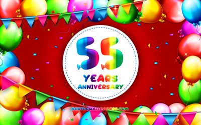 55 A&#241;os de Aniversario, 4k, colorido globo marco, fondo rojo, 55 Aniversario, creativo, 55 aniversario de signo, Aniversario concepto