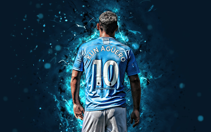 Sergio Aguero, 4k, Argentinsk fotbollsspelare, baksida, Manchester City FC, neon lights, Sergio Leonel Aguero, fotboll, Kun Aguero, Premier League, Man City