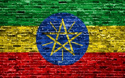 4k, Ethiopian flag, bricks texture, Africa, national symbols, Flag of Ethiopia, brickwall, Ethiopia 3D flag, African countries, Ethiopia