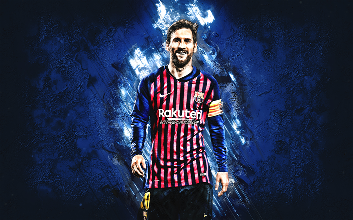 Lionel Messi, O FC Barcelona, retrato, azul criativo fundo, arte, jogador de futebol argentino, atacante, A Liga, Espanha, futebol, Leo Messi