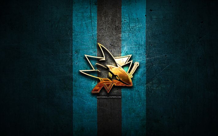 San Jose Sharks, golden logo, NHL, blu, metallo, sfondo, americano, squadra di hockey, National Hockey League, San Jose Sharks logo, hockey, USA