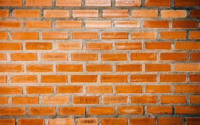 オレンジbrickwall, 4k, 茶色のレンガ, レンガの質感, オレンジ色のレンガ壁, レンガ, 壁, マクロ, 同一の煉瓦, オレンジレンガ背景