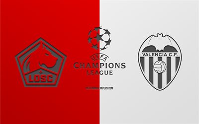 LOSC Lille vs Valencia CF, football match, 2019 Champions League, promo, red white background, creative art, UEFA Champions League, football