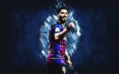 Luis Suarez, FC Barcelona, portrait, Uruguayan football player, striker, Catalan football club, blue creative background, La Liga, Spain, football