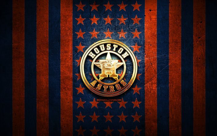 Houston Astros bandiera, MLB, arancione, blu, metallo, sfondo, americano, baseball, Houston Astros logo, USA, Houston Astros, logo oro