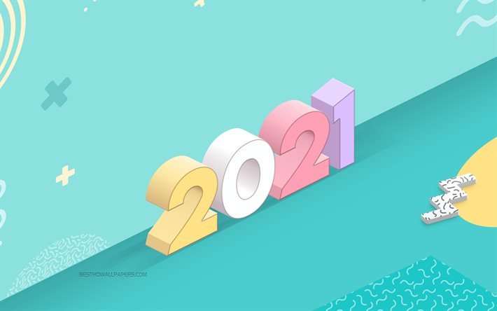 Turkuaz 2021 arka plan, &#231;ok renkli harfler, 2021 Yeni Yıl, 2021 kavramlar, 2021 3d arka plan, yaratıcı 3d sanat