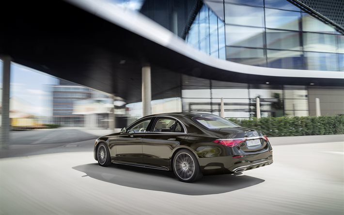 2021, Mercedes-Benz S-Class, 4k, exterior, rear view, new brown S-Class, W223, luxury sedans, german cars