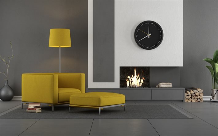 grigio elegante soggiorno interno, minimalismo in salotto, splendidi interni eleganti, moderno interior design, divani gialli in salotto