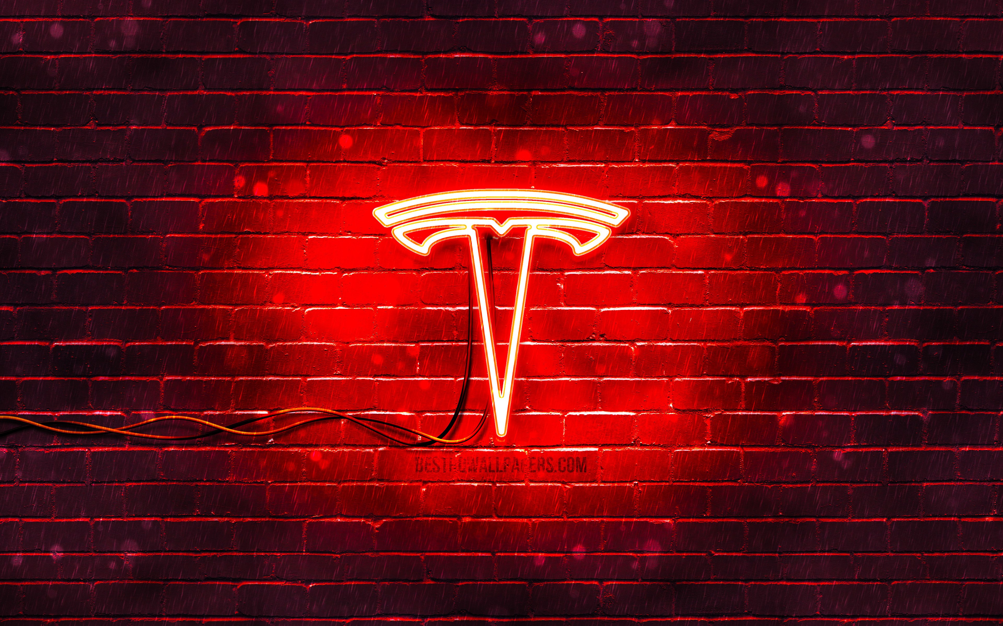 Download wallpapers Tesla red logo, 4k, red brickwall, Tesla logo, cars.