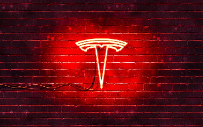 Tesla red logo, 4k, red brickwall, Tesla logo, cars brands, Tesla neon logo, Tesla