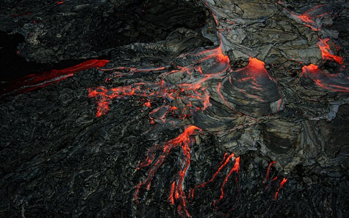 4k, 溶岩の質感, 黒石, 火の背景, 溶岩のテクスチャ, 石のテクスチャ, 赤い燃える溶岩, 赤熱溶岩, 溶岩, 燃える溶岩