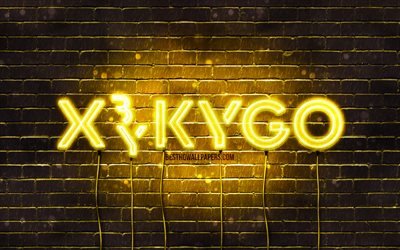 Kygo sarı logosu, 4k, superstars, Norve&#231; DJ&#39;leri, sarı brickwall, Kyrre Gorvell-Dahll, m&#252;zik yıldızları, Kygo neon logosu, Kygo logosu, Kygo
