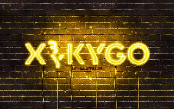 Kygo yellow logo, 4k, superstars, Norwegian DJs, yellow brickwall, Kyrre Gorvell-Dahll, music stars, Kygo neon logo, Kygo logo, Kygo