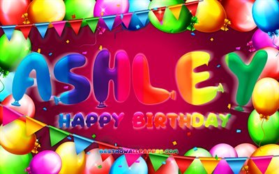 Happy Birthday Ashley, 4k, colorful balloon frame, Ashley name, purple background, Ashley Happy Birthday, Ashley Birthday, popular american female names, Birthday concept, Ashley