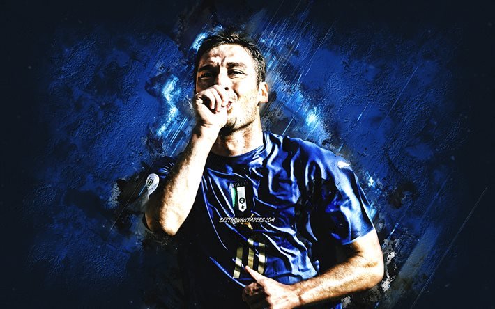 Francesco Totti, Italiens herrlandslag i fotboll, portr&#228;tt, italiensk fotbollsspelare, bl&#229; stenbakgrund, Italien, fotboll