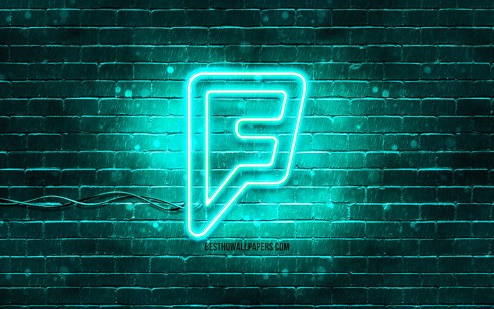 Logo turquoise Foursquare, 4k, brickwall turquoise, logo Foursquare, r&#233;seaux sociaux, logo n&#233;on Foursquare, Foursquare