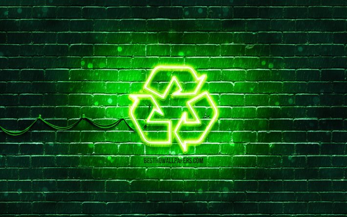 リサイクルネオンアイコン, 4k, 緑の背景, ネオン記号, リサイクル, creative クリエイティブ, ネオンアイコン, リサイクルサイン, 生態標識, リサイクルアイコン, 生態アイコン