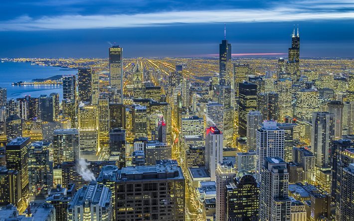 Chicago, gece, panorama, Magnificent Mile, IL, USA, Amerika